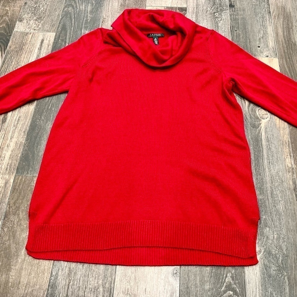 Ralph Lauren Womens Red Ribbed Puff Sleeve Long Sleeve cowl Neck Sweater…